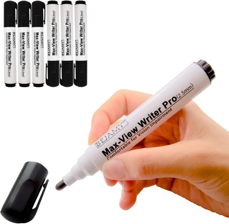 Bejamy (Bullet Tip-2.5mm, PACK of 6 Black, Water-Based ink) Max-View Writer Pro Bold Writing Pen, Low Vision Assistive Writing Tool for Visual Impairment,Odorless,Non-Toxic,No Oil,Alcohol Free - Image 1